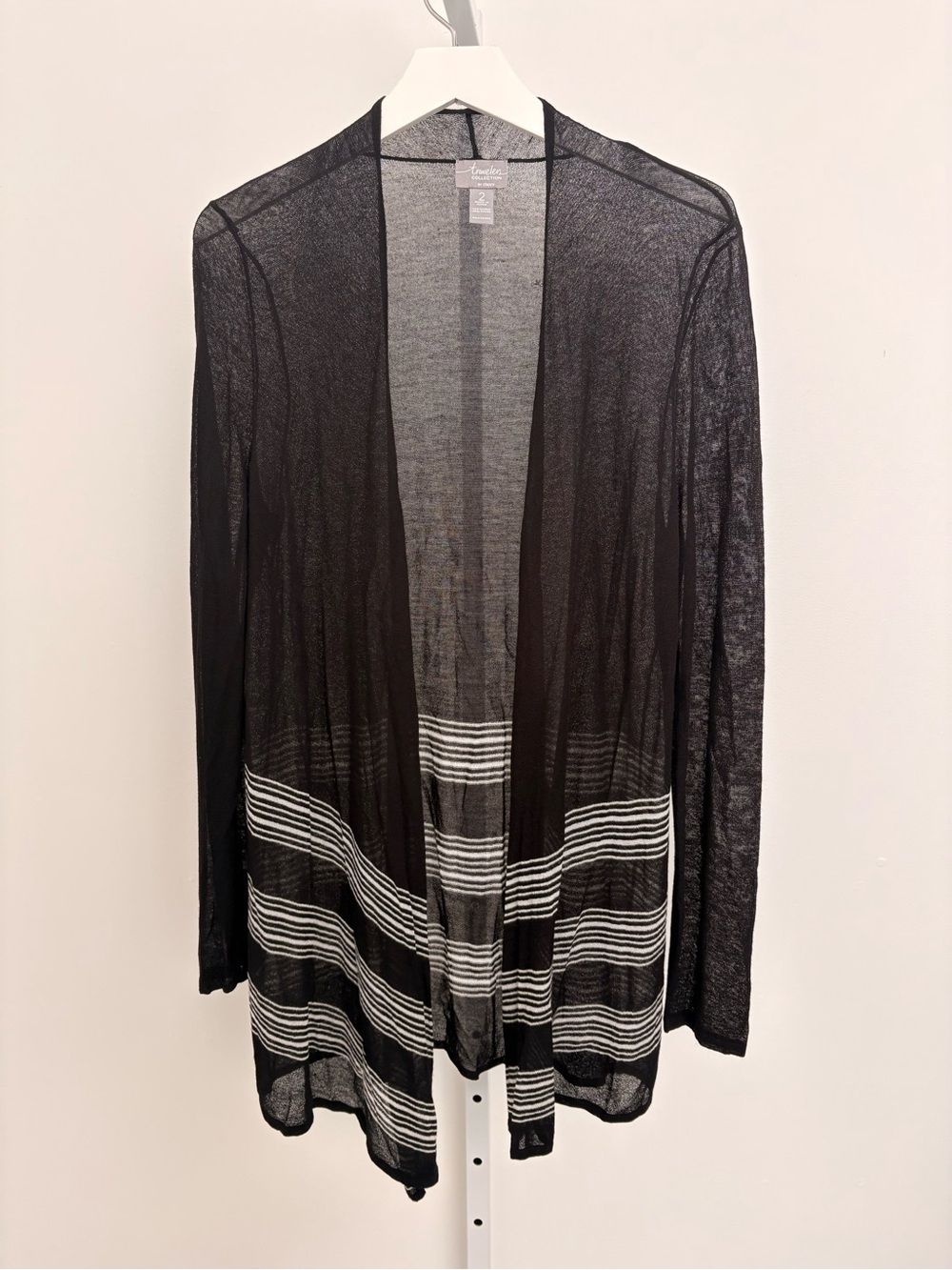 Black Open-Front Cardigan with White Striped Hem